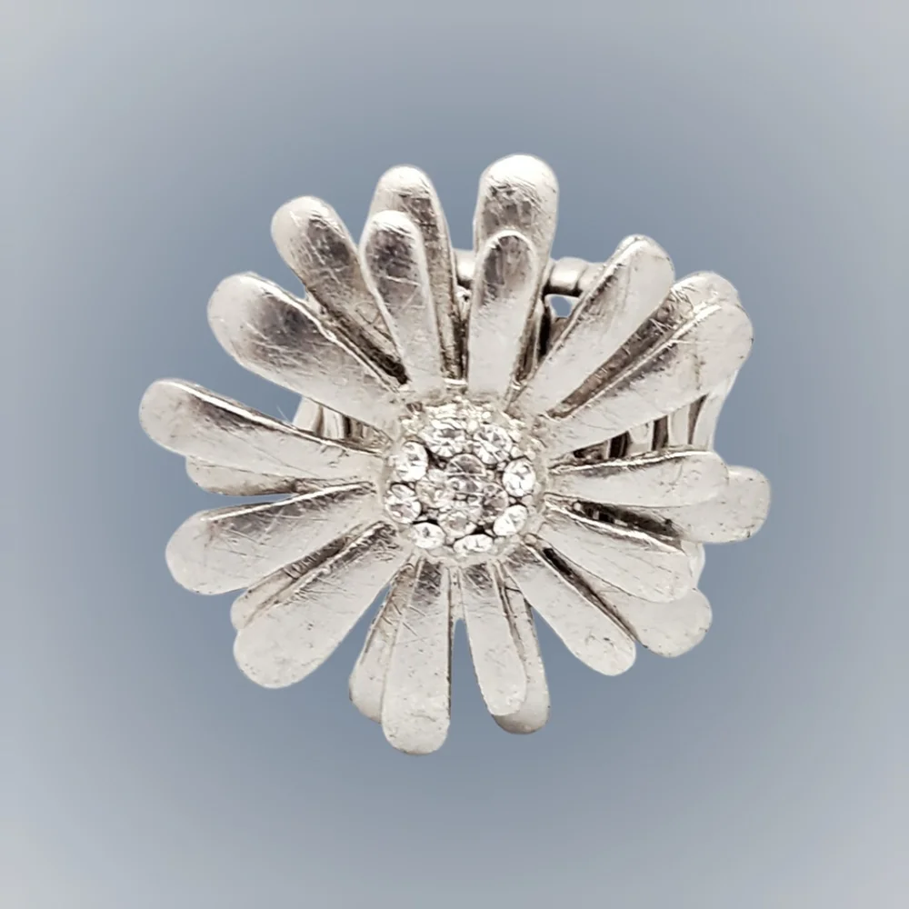 Silver Tone Floral Stretch Ring with Clear Rhinestone Center | NWOT